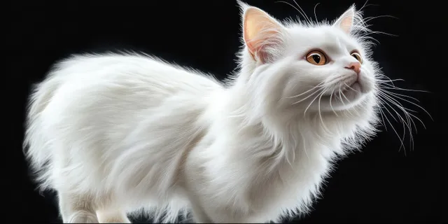 White fluffy cat with amber eyes looking to the side against a black backdrop