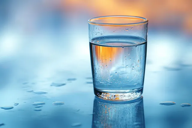 A half-filled clear water glass with visible droplets reflects warm orange and cool blue light on a glossy surface.