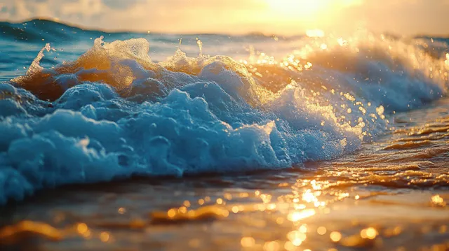 Ocean waves crash with foamy sea spray as golden sunset light reflects across the wet water surface.
