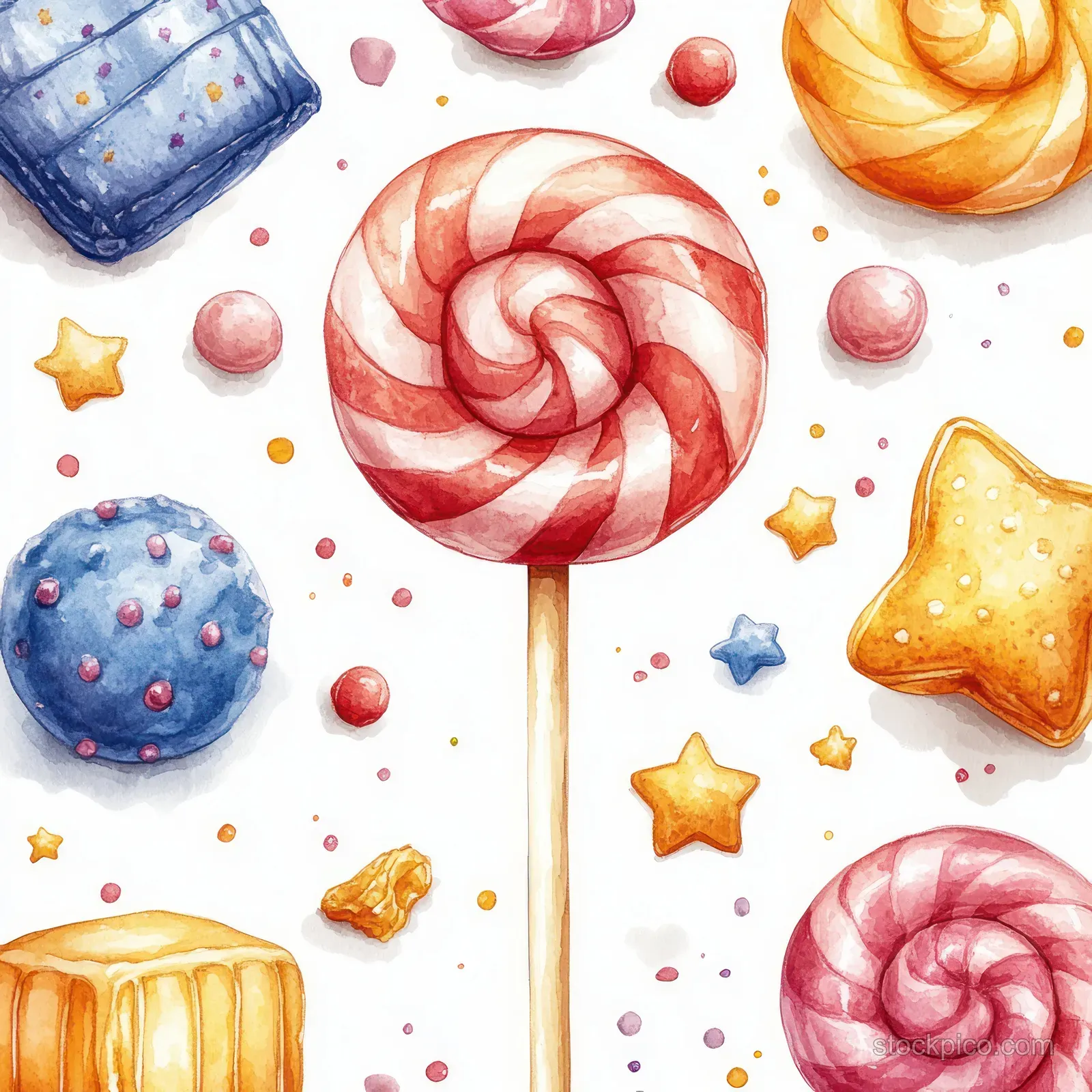 Seamless pattern of gingerbread star cookies and colorful lollipops with candy swirls on a holiday backdrop.