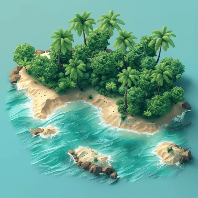 Isometric tropical island with palm trees and a sandy beach surrounded by turquoise lagoon water and rocks.