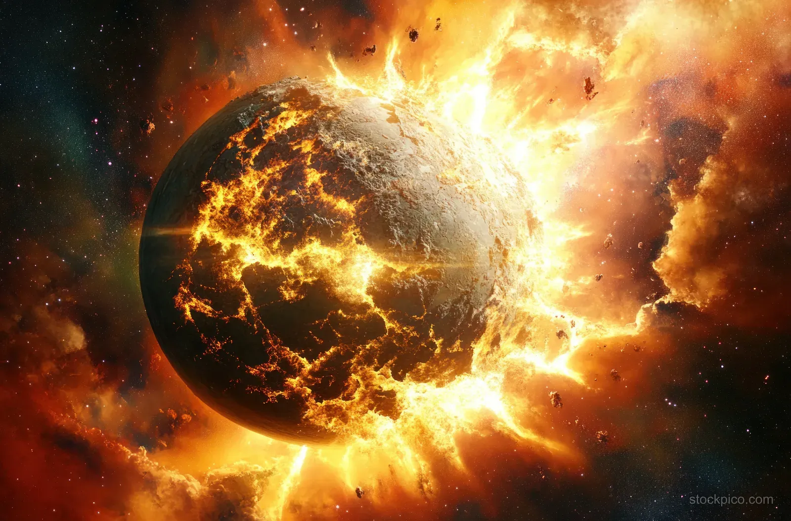A fiery planet explodes with molten lava cracks and glowing debris swirling through space.