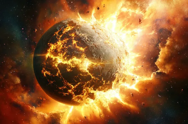 A fiery planet explodes with molten lava cracks and glowing debris swirling through space.