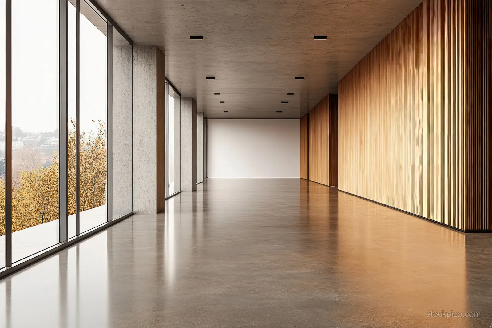Empty office corridor stretches forward with large windows, polished floor, and wooden wall panels.