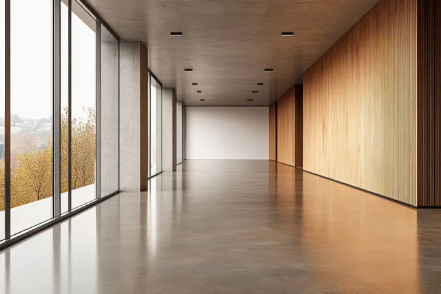 Empty office corridor stretches forward with large windows, polished floor, and wooden wall panels.