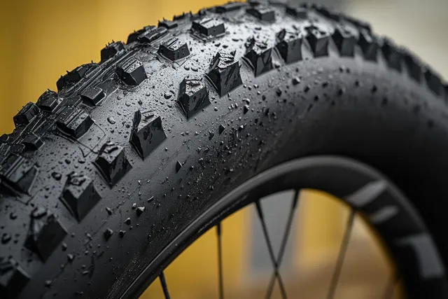 Wet knobby mountain bike tire with water droplets across the tread and a blurred yellow background.