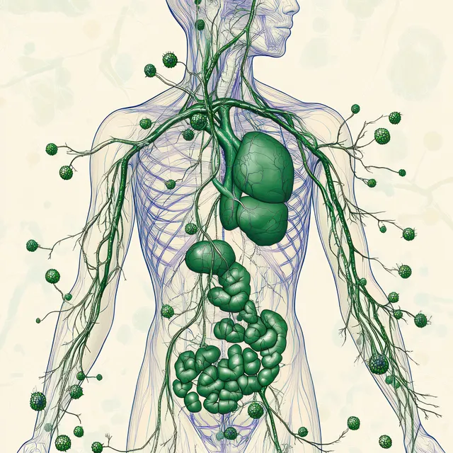 Green lymphatic vessels and clustered lymph nodes overlay the chest and abdomen on a female body diagram.