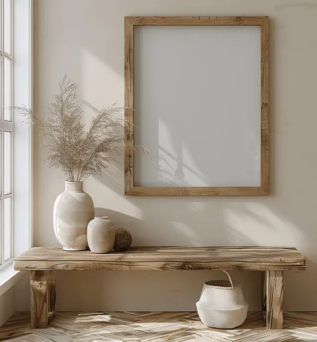 Blank wooden picture frame above a light wood console with vase and neutral decor in soft window light.