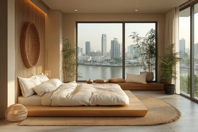 A minimalist Scandinavian bedroom with beige tones and a panoramic city skyline view through a large window.