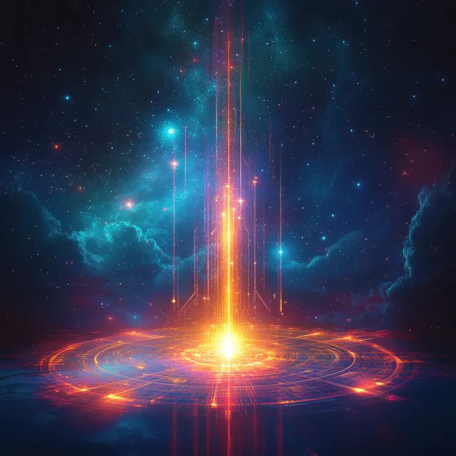 A bright light beam rises from a neon geometric mandala on a cosmic starry background.