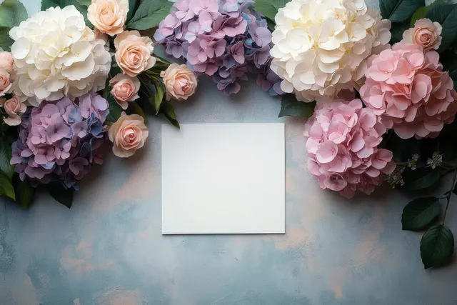 Pastel hydrangeas and roses surround a blank square paper on a textured blue and pink background.