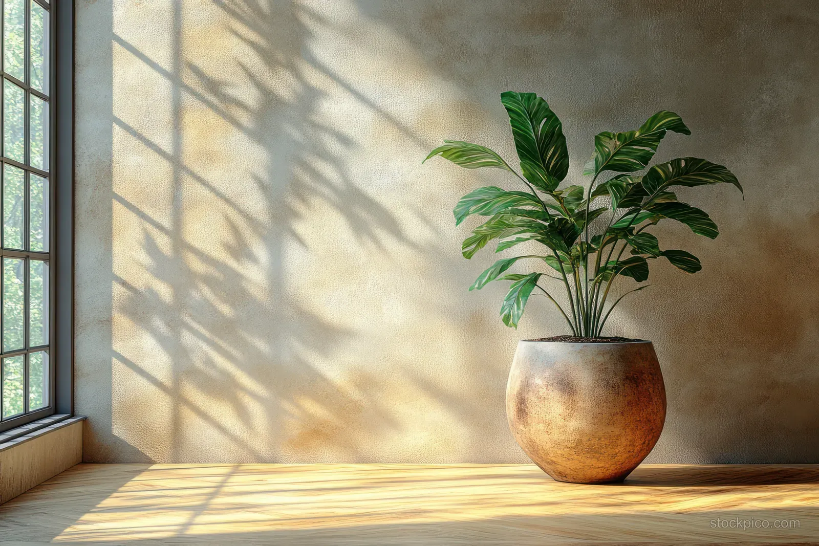 Green plant in a ceramic pot sits on a wooden floor beside a window, with sunlight shadows across the wall.