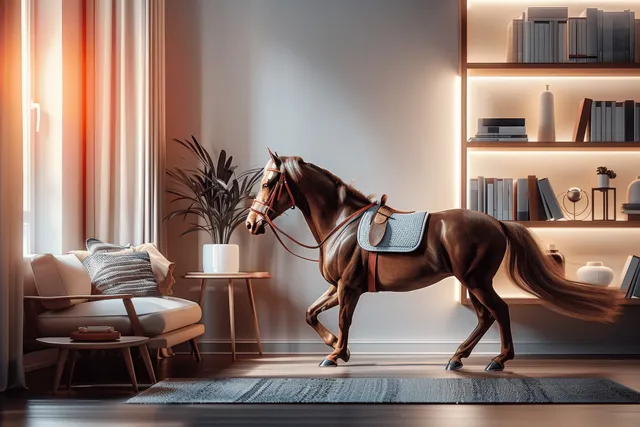 A dark-brown horse rears on a patterned rug indoors beside bookshelves and vertical neon-like light streaks.