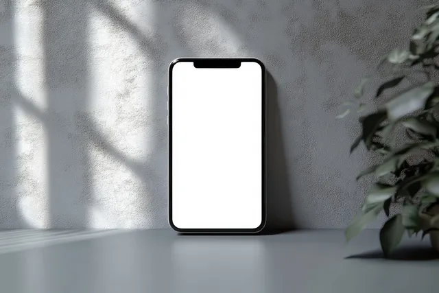 A smartphone with a blank white screen stands on a gray tabletop beside a blurred leafy plant indoors.