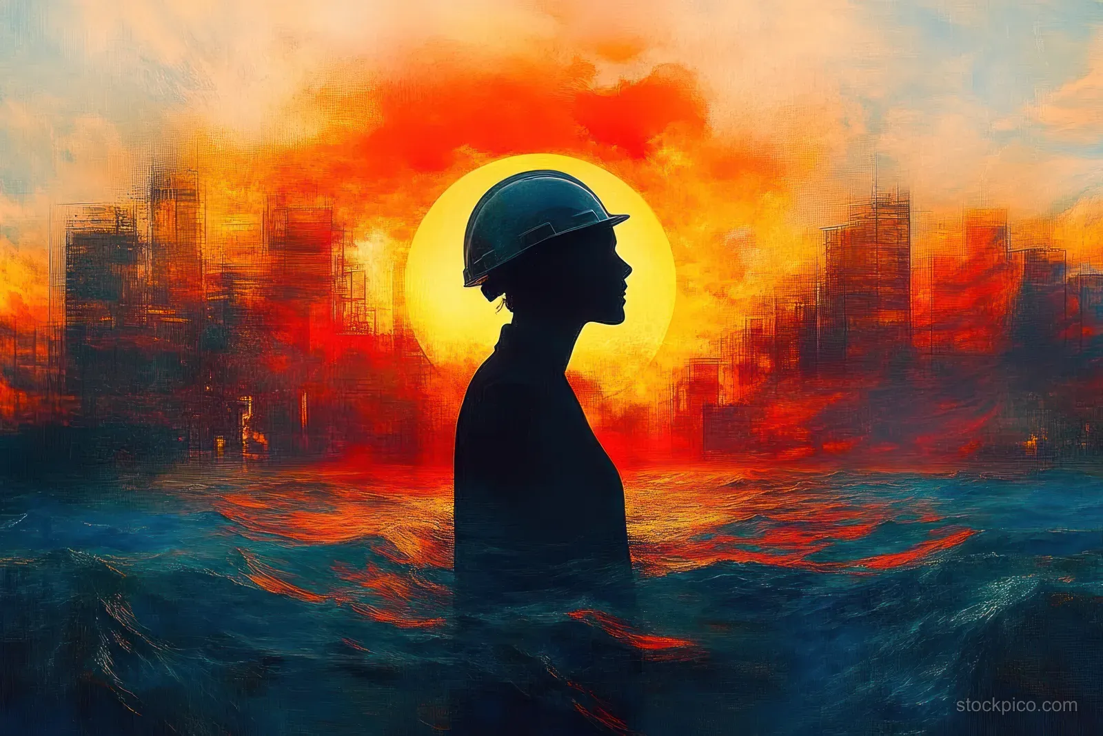 Helmeted worker silhouette wading through turbulent floodwater with an industrial skyline and glowing orange sunset sky behind.