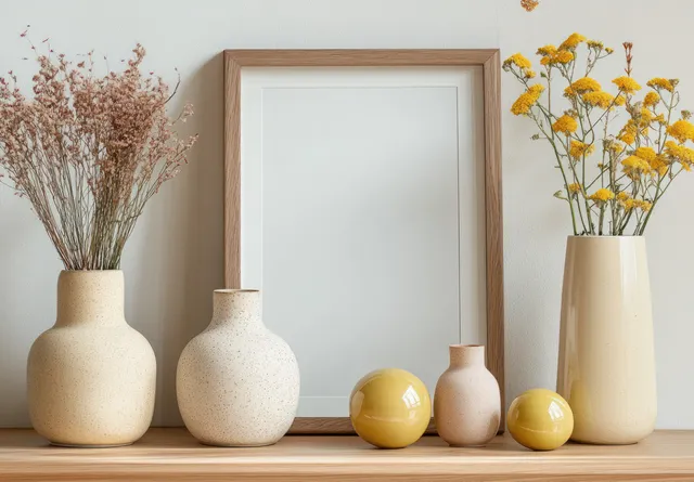 Matte ceramic vases and yellow spheres sit on a shelf beside an empty wooden frame in soft light.