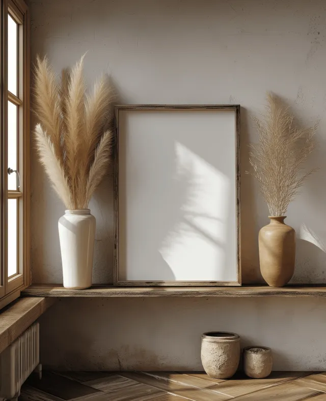 Boho living room wall with a blank poster frame, pampas grass vases, and textured concrete seating in warm light.