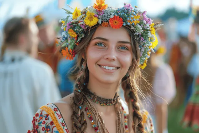 Smiling woman in floral wreath at outdoor Ukrainian festival