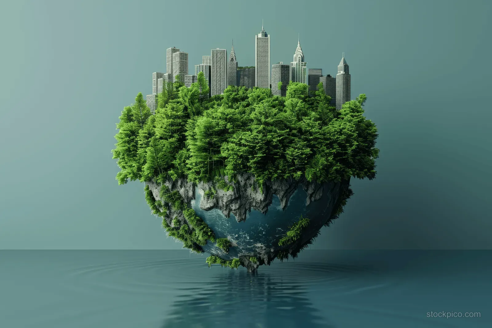 Heart-shaped floating island city combining forest trees and glass skyscrapers over calm ocean water.