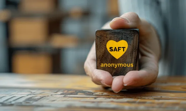 Hand holding a wooden block with SAFT warning symbol in a warehouse