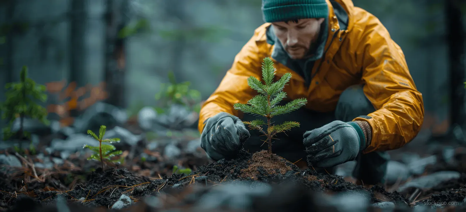 A gloved volunteer kneels to plant a spruce sapling in mountain forest soil during spring.
