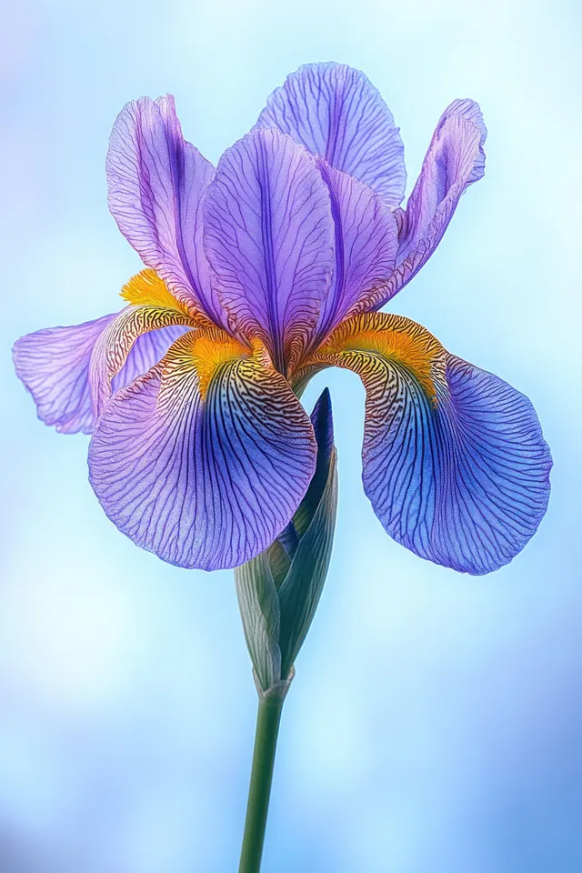 A single purple iris flower with visible petal veins against a bright sky-like background.