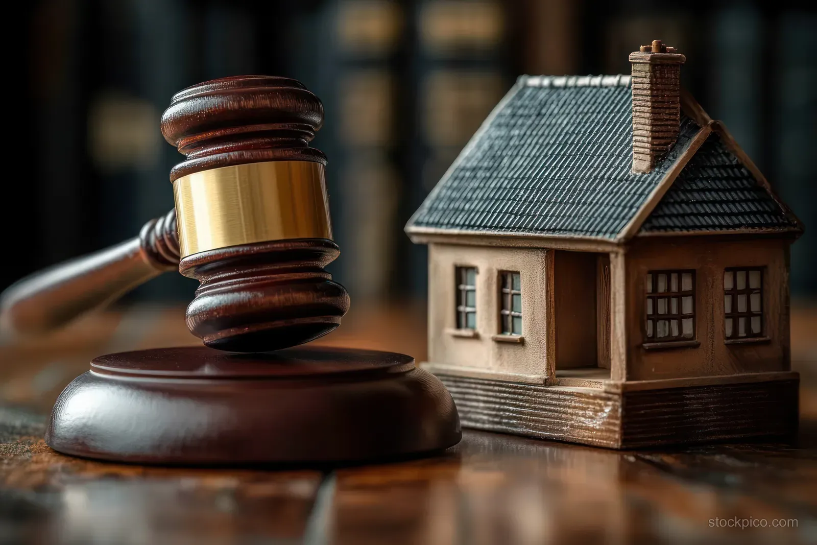 Wooden judge gavel on a desk beside a miniature house model with blurred law books behind.