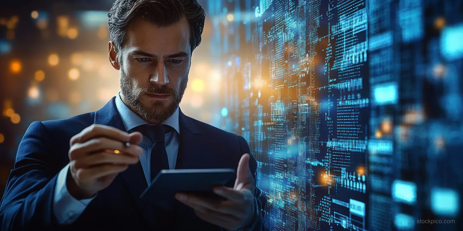 A focused businessman in a suit holds a digital tablet beside a glowing blue data interface background.