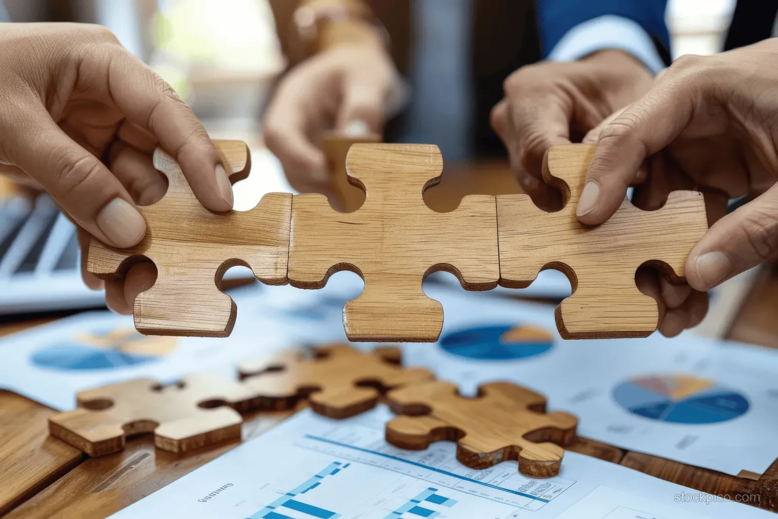 Hands fit wooden puzzle pieces on a desk covered with business charts.