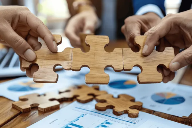 Hands fit wooden puzzle pieces on a desk covered with business charts.