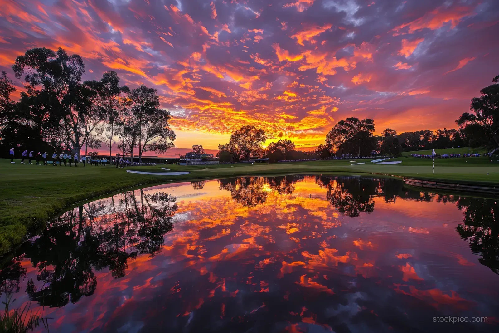 A women’s golf team stands near still water reflecting a dramatic sunset over the course.