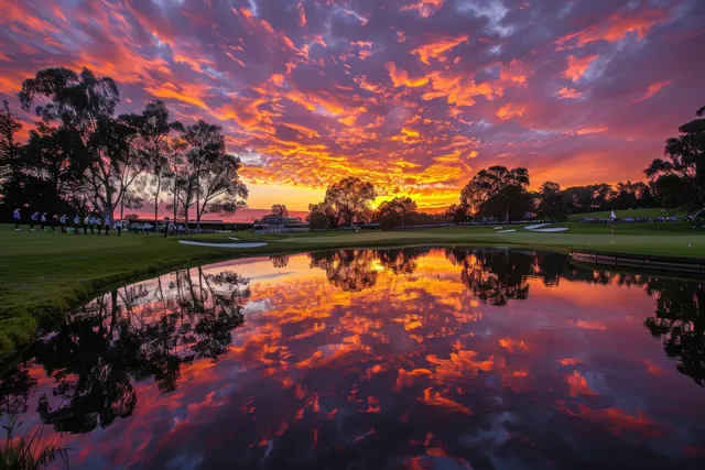 A women’s golf team stands near still water reflecting a dramatic sunset over the course.