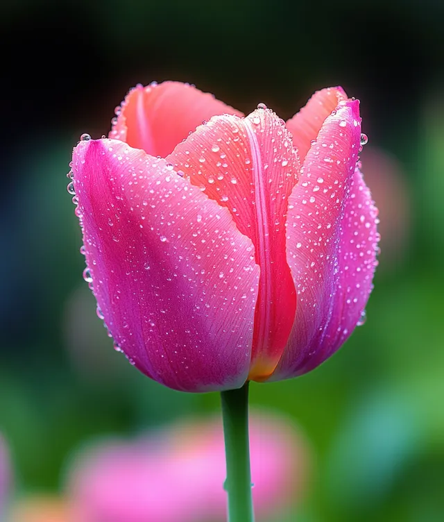 Pink tulip with dew droplets on its petals in front of a softly blurred green garden background.