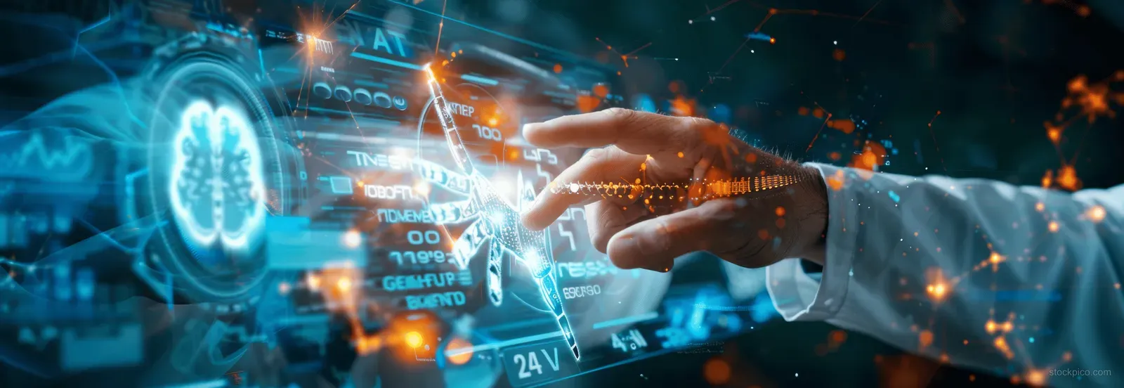 A doctor points at glowing holographic medical data in a futuristic hospital while AI diagnostic technology surrounds.