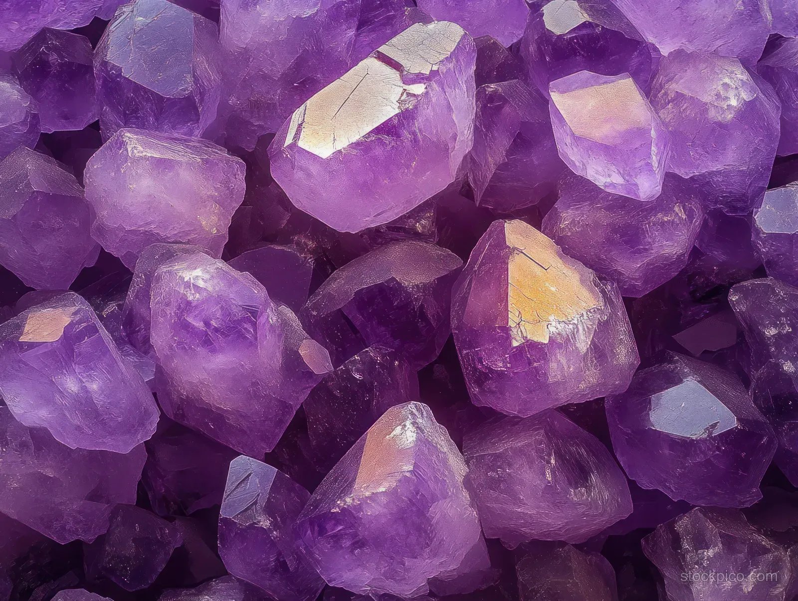Purple amethyst crystals with faceted surfaces and golden reflections.