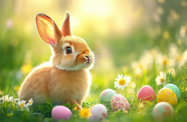 Brown bunny sitting on spring grass beside decorated Easter eggs and daisies