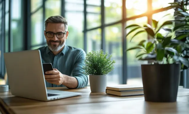 Smiling businessman checks a smartphone while working on a laptop in a sunlit office