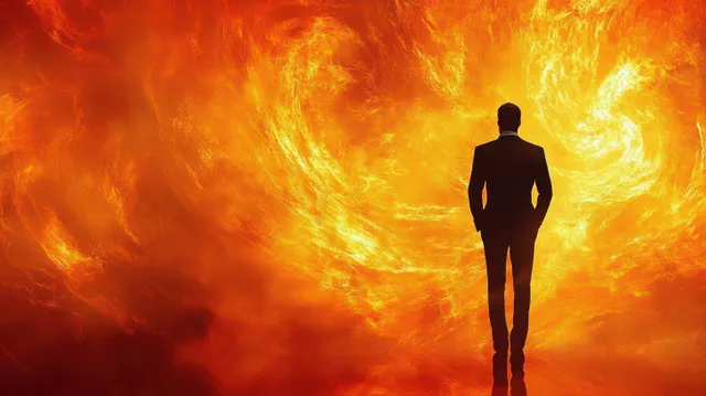 A man in a suit silhouette stands facing a swirling orange and yellow fire vortex behind him.