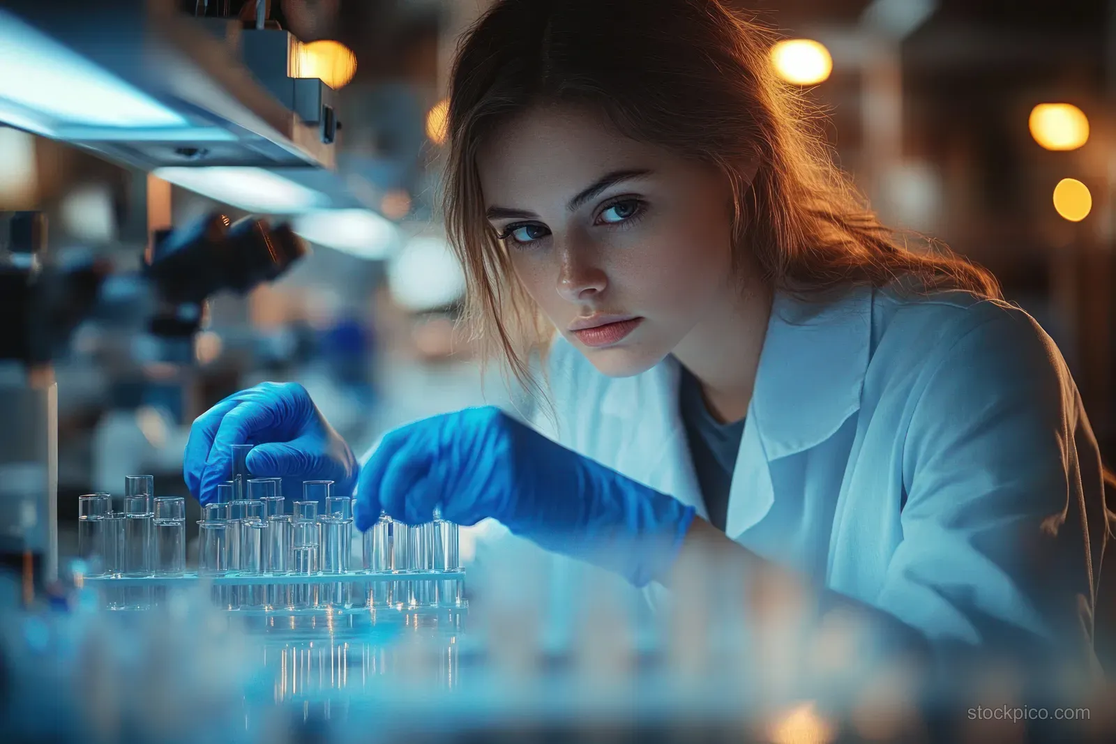 A female scientist in blue gloves carefully holds test tubes in a laboratory with microscopes and glassware in the background.
