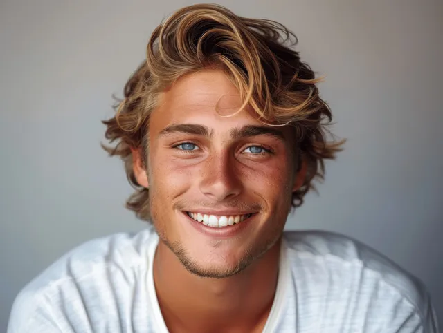 Close-up of a smiling young man in a white T-shirt against a plain gray studio background.