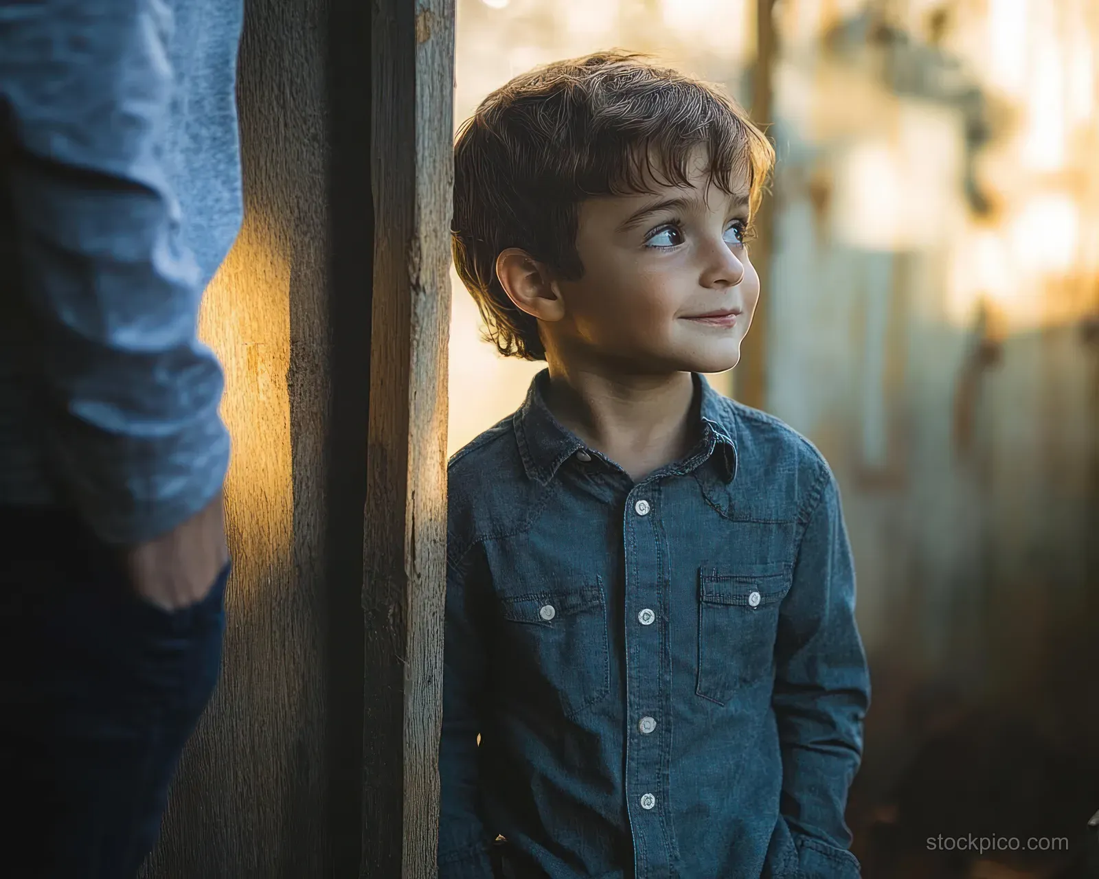 A young boy in a blue shirt stands beside a wooden pillar in warm sunlight, glancing to the side with a gentle smile.