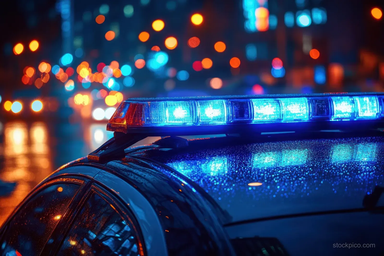 Blue police light bar flashing on a wet police car roof at night with blurred city lights reflecting on raindrops.
