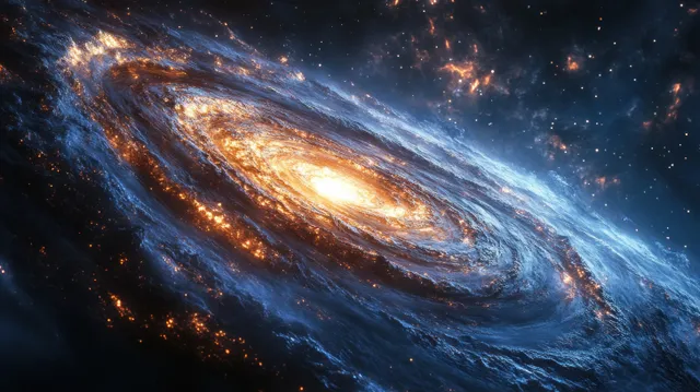 Black hole and accretion disk distort space, glowing stars spiral through deep cosmic void
