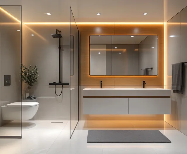 Minimalist bathroom with a floating dual sink vanity, glass shower, and warm backlit mirror.