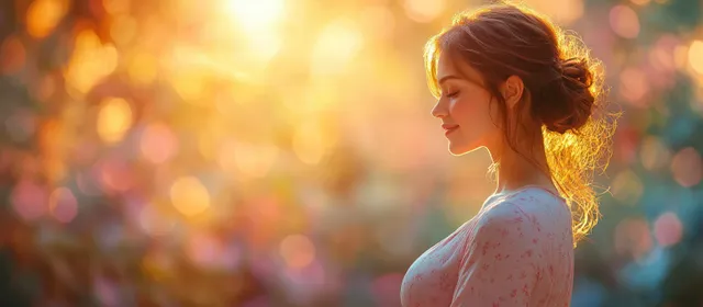 Pregnant woman cradling belly at sunset in soft bokeh light