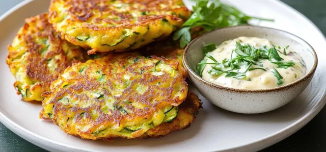 Golden zucchini fritters with crispy edges served on a white plate beside herb dip