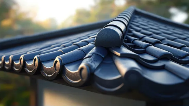 Dark blue curved roof tiles along an eave in soft daylight with a blurred green background.