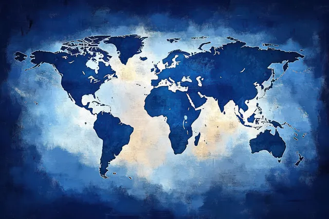 Stylized world map illustration on textured blue ocean-and-sky background with dark blue continents