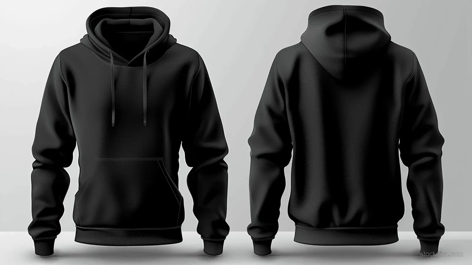 High-resolution mockup of a black hoodie displayed from both front and back views, ideal for apparel branding and design.