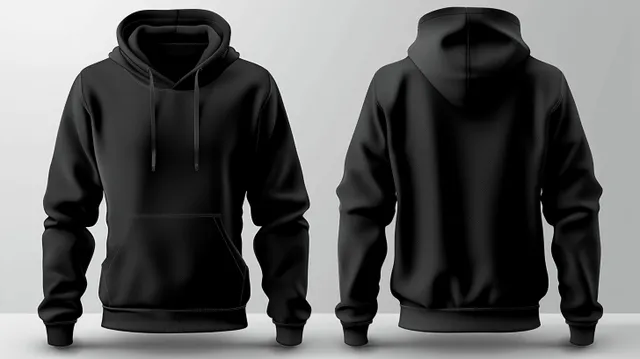 High-resolution mockup of a black hoodie displayed from both front and back views, ideal for apparel branding and design.